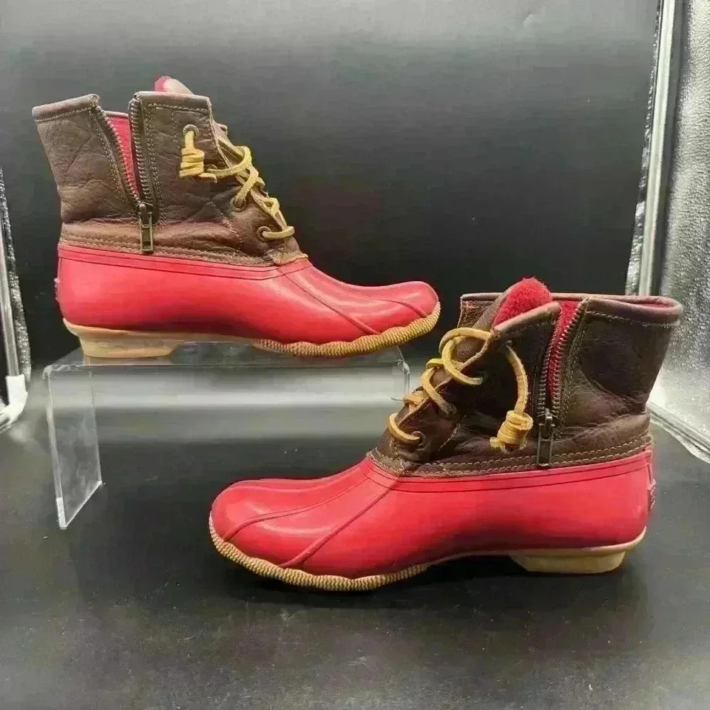 Sperry Top-Sider Brown/Red Waterproof Zip Rubber Rain Duck Boots - Size 7 - Picture 2 of 6